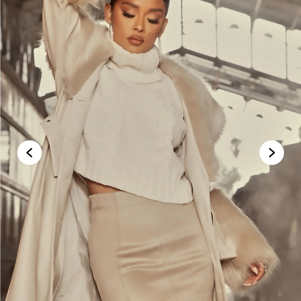 Fashion Nova Cream Faux Leather Trench Coat with Faux Fur - Picture 6 of 11